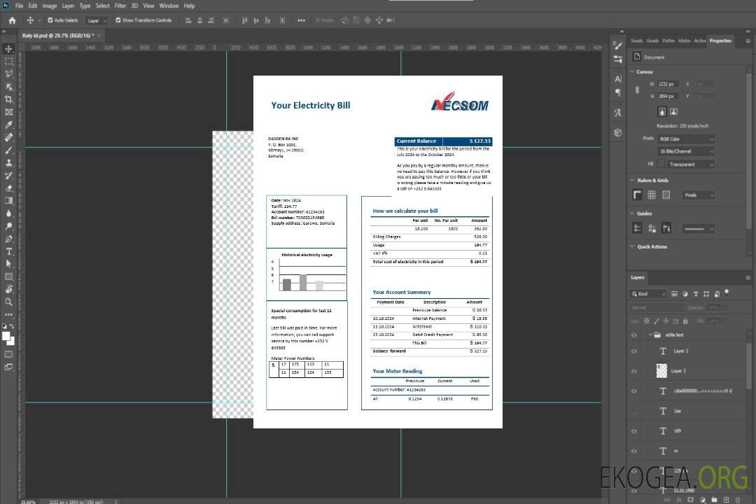 Modèle de facture de services publics d'électricité de la société NESCOM de Somalie aux formats Word et PDF template
